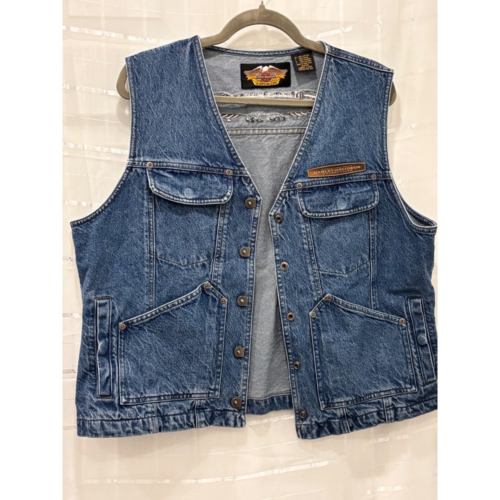 Harley Davidson XL Denim Vest Blue Embroidered Winged Logo Biker Trucker